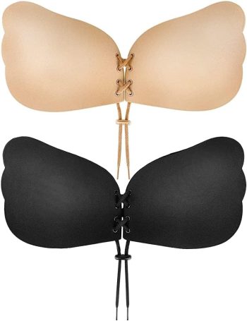 Sticky Bra, Backless Strapless Bra Push Up, Adhesive Invisible Lift Up Bras 2 Pairs Black/Beige