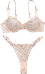 Sexy Underwire Cute Push Up Strappy Embroidered Mesh Sheer Lingerie Set See Through Panty Bra