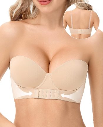 Strapless Push Up Bra with Clear Straps Front Closure Convertible Balconette Padded Underwire Bras for Women